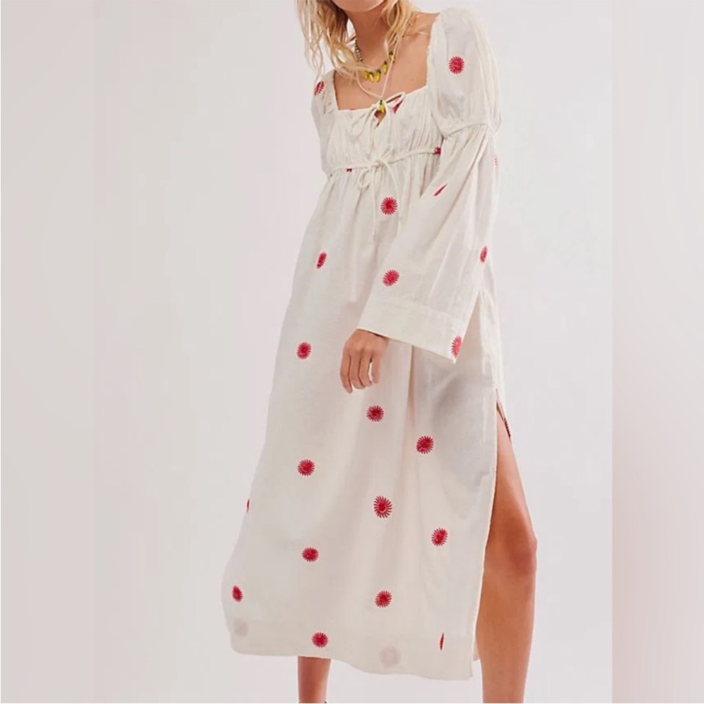 Free People XSmall Dress Emory Embroidered Midi pockets 90% cotton 10% linen